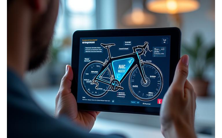 Interactive design tool showing a bike frame being customized with stickers