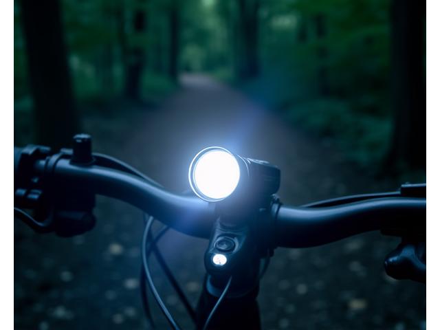 Ultra-bright LED bike headlight with multiple modes, shining powerfully in a dark environment.