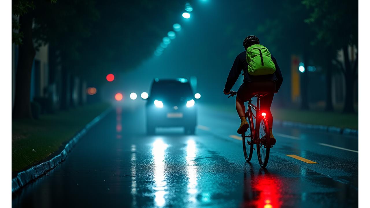 Cyclist riding at night with bright lights and reflective gear on a city street